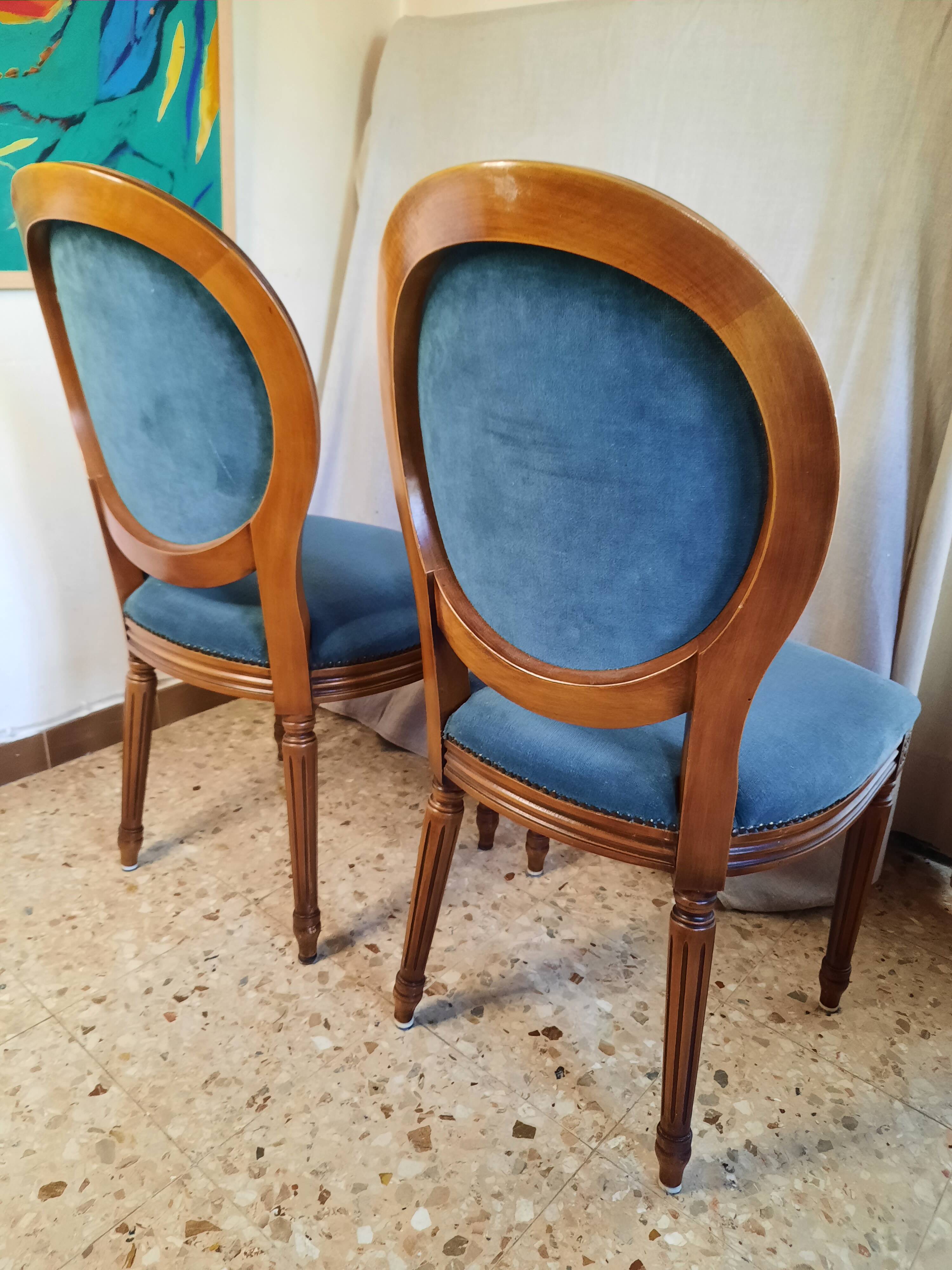 Pair of blue velvet medallion chairs