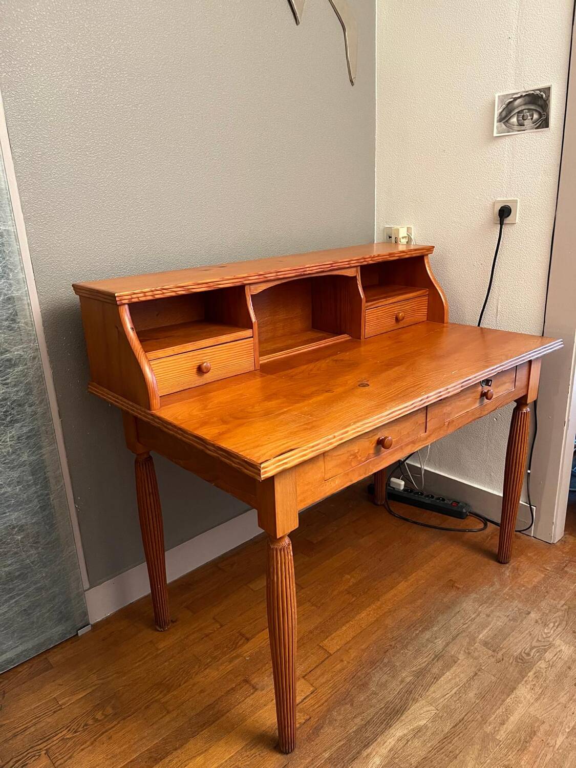 Wooden desk with drawers and storage