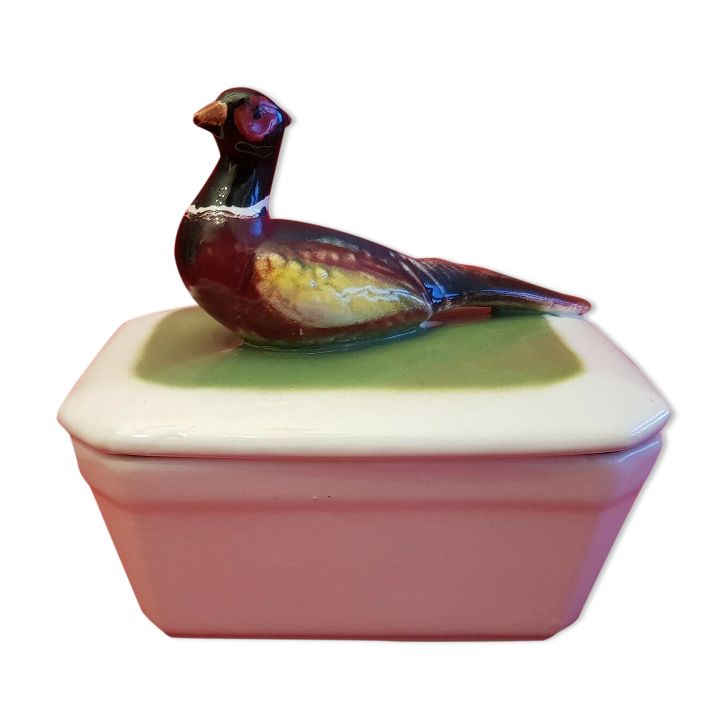 Old butter box in ceramic slurry decoration pheasant statuette