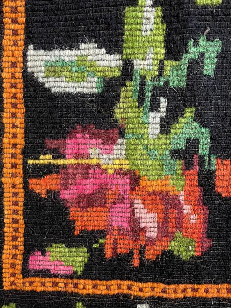 Floral handwoven carpet, colors on a black background - 262x160cm