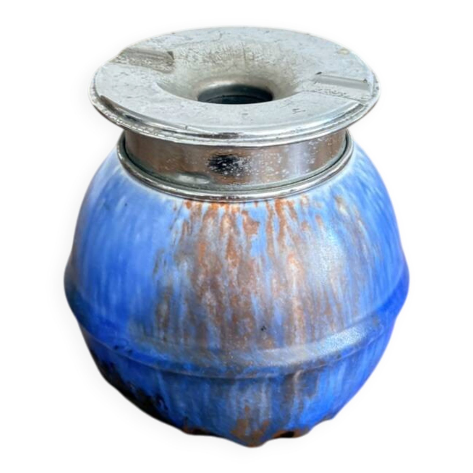 Toad Ashtray No-Smoke Blue Flamed Ceramic and Chrome Metal Art Deco