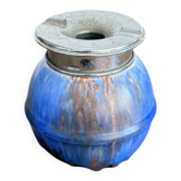 Cendrier Crapaud No-Fume Ceramique Bleue Flambee Et Metal Chrome Art Deco
