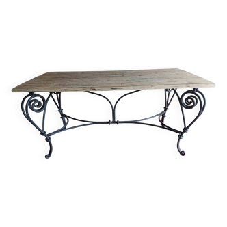 Wooden and wrought iron table