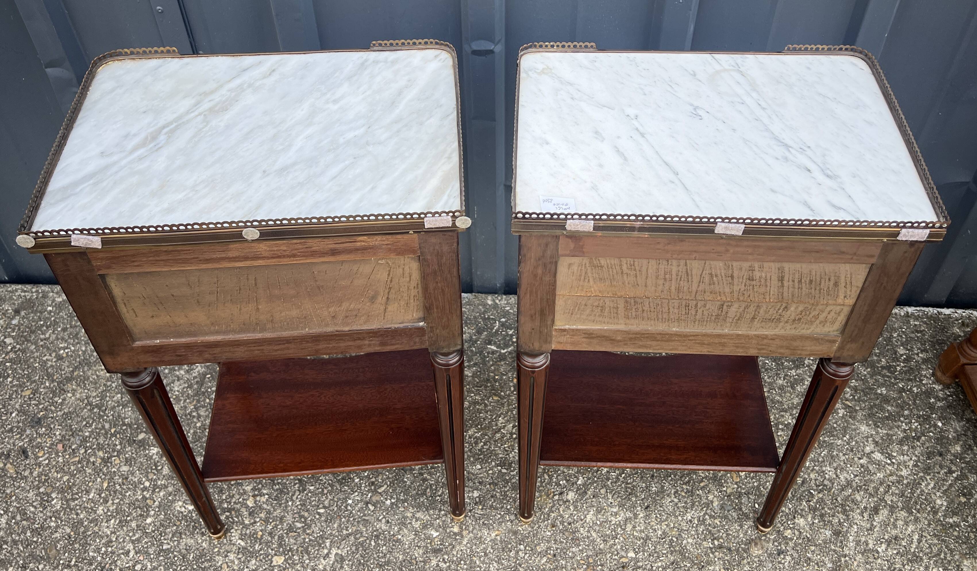 Pair of mahogany bedside tables, marble top, Louis XVI style