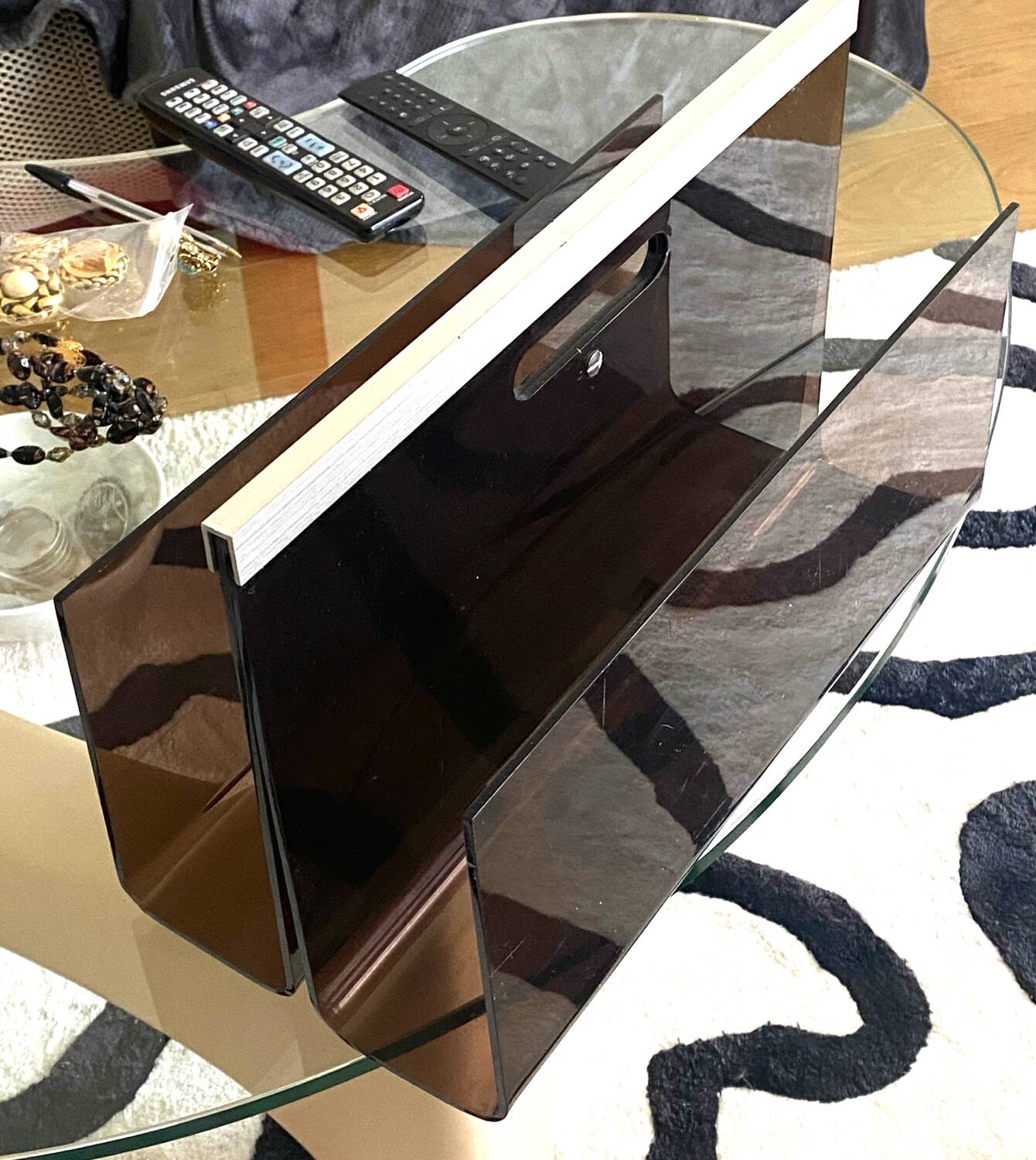 Magazine rack Plexiglas Steel brown smoked vintage retro deco Disk Mobilie