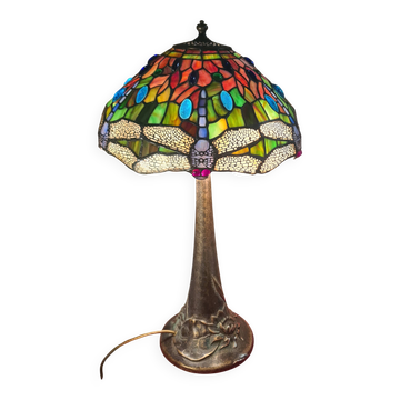 Lampe en bronze fonderie et abat-jour en verre Tiffany, 1975-80