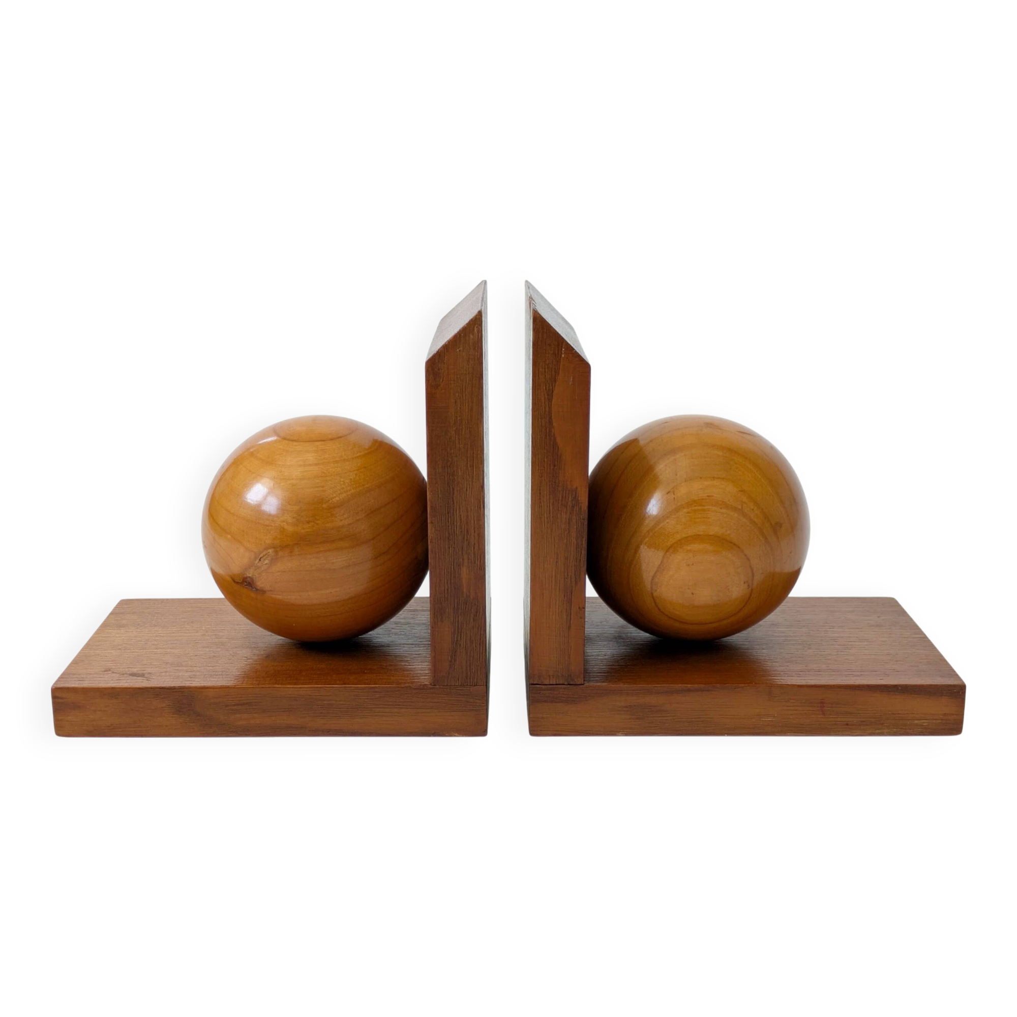 Pair of vintage bookends with polished wooden balls, Art Deco style