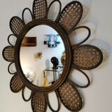 Miroir fleur vintage en rotin et cannage années 60/70