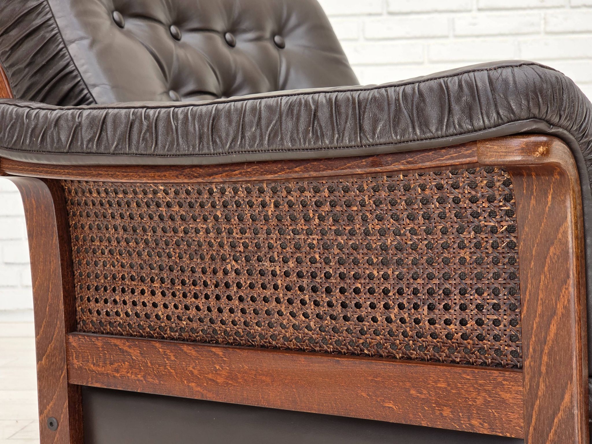 1970s, Scandinavian armchair, brown furniture leather, teak wood legs.