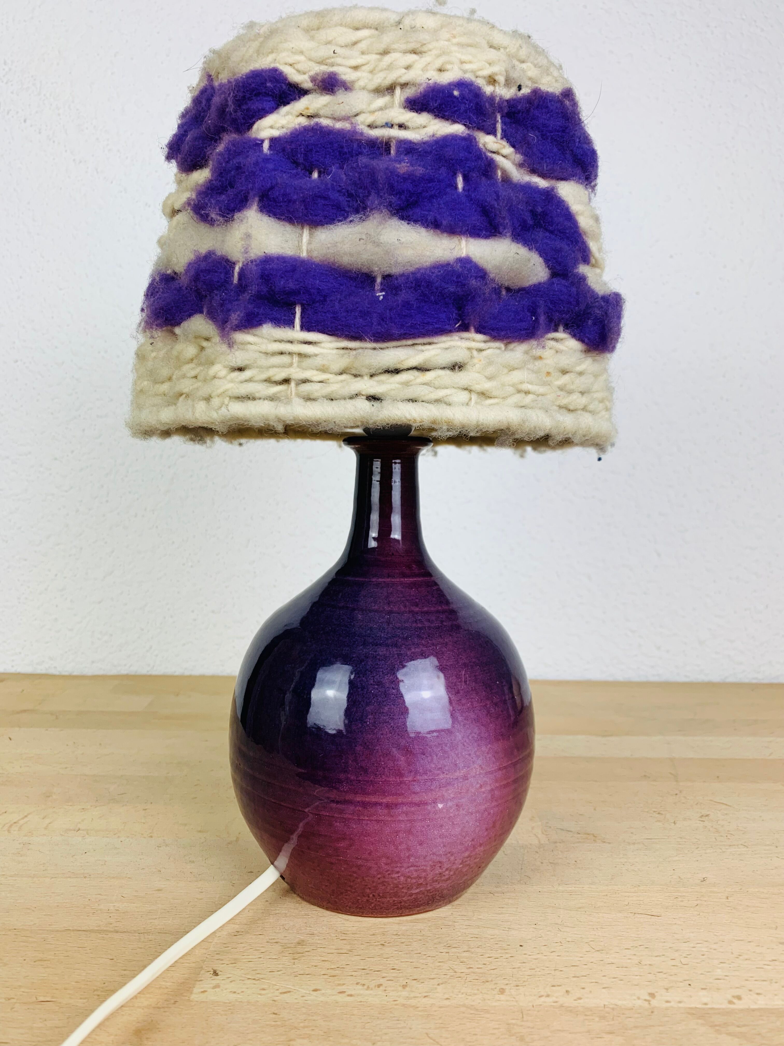Purple ceramic lamp and wool lampshade 70s