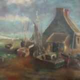Ancient oil painting on canvas by Marine 19th Signe.