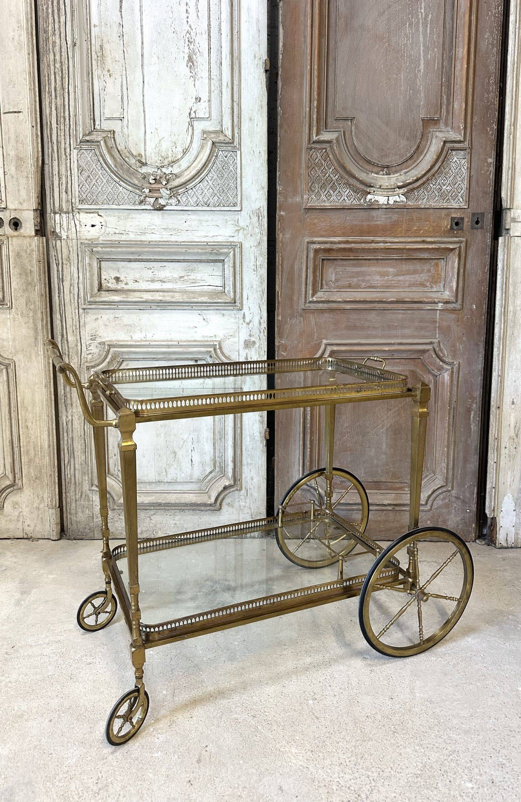 Rolling bar cart in brass and bronze circa 1960