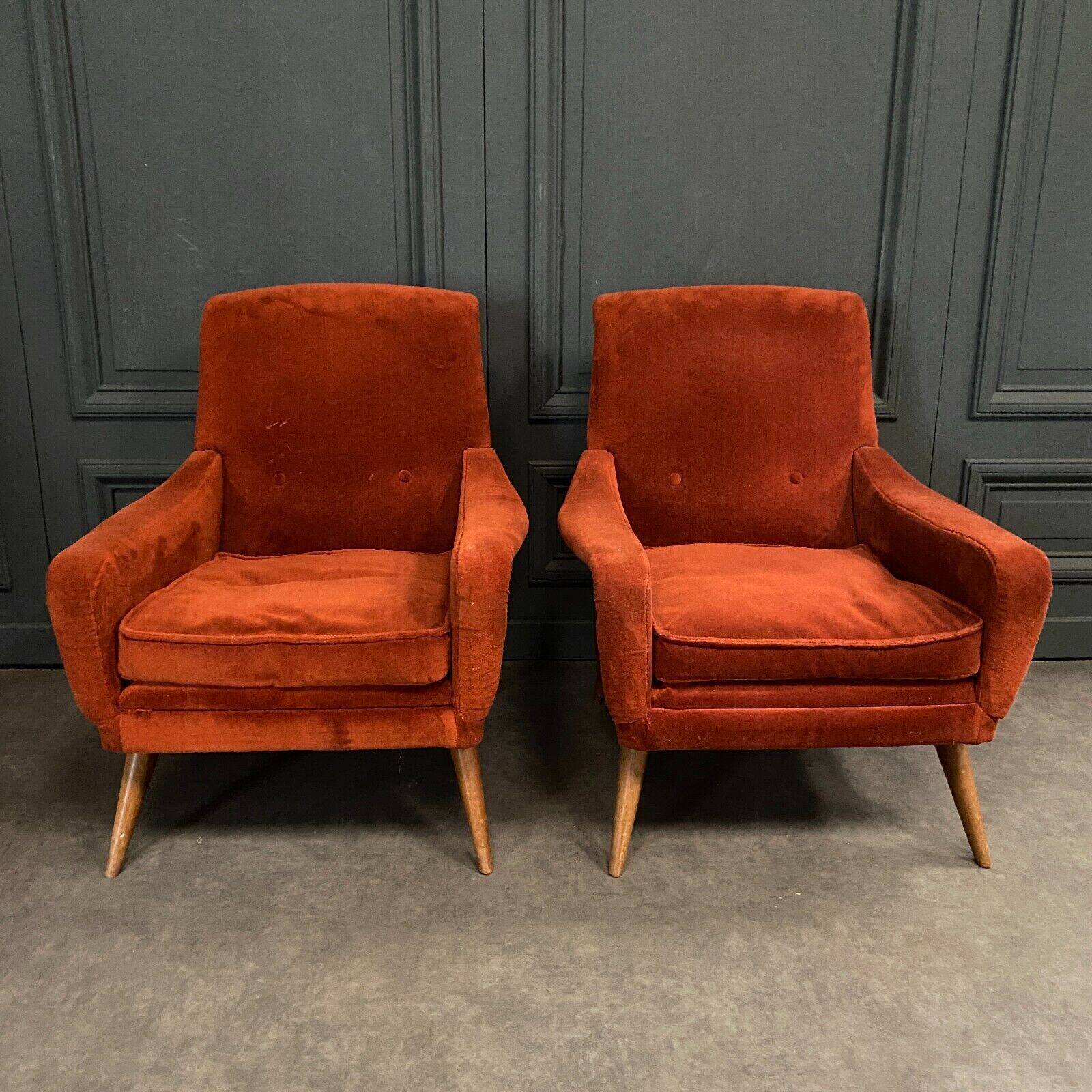 Pair of Scandinavian work armchairs from the 60s in velvet and compass legs