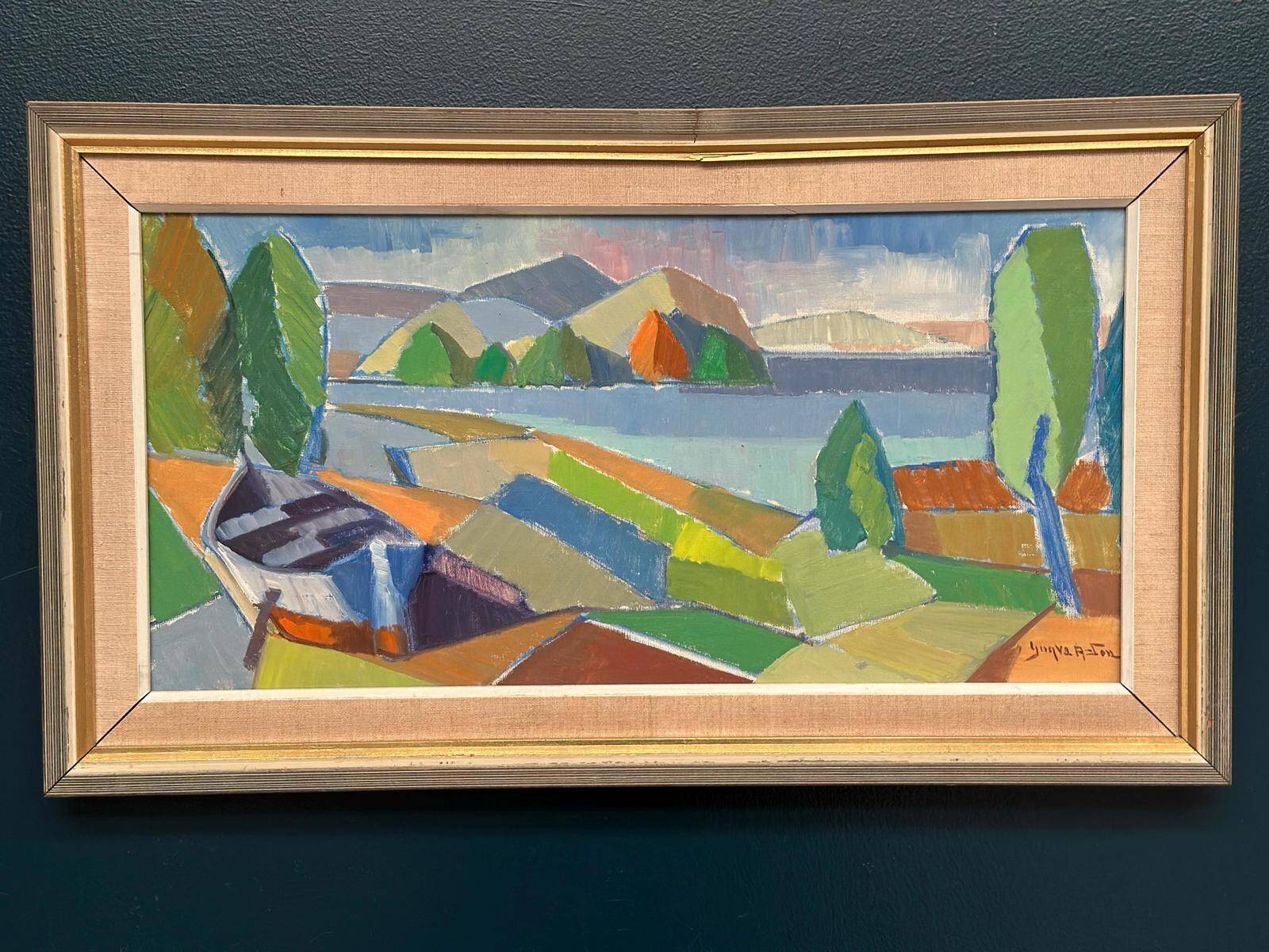 Original Mid Century Swedish Oil On Canvas — Fractured Horizon By Yngve Andersson — Signed — Vintage & Framed — 34 × 62 Cm (13.4" × 24.4")