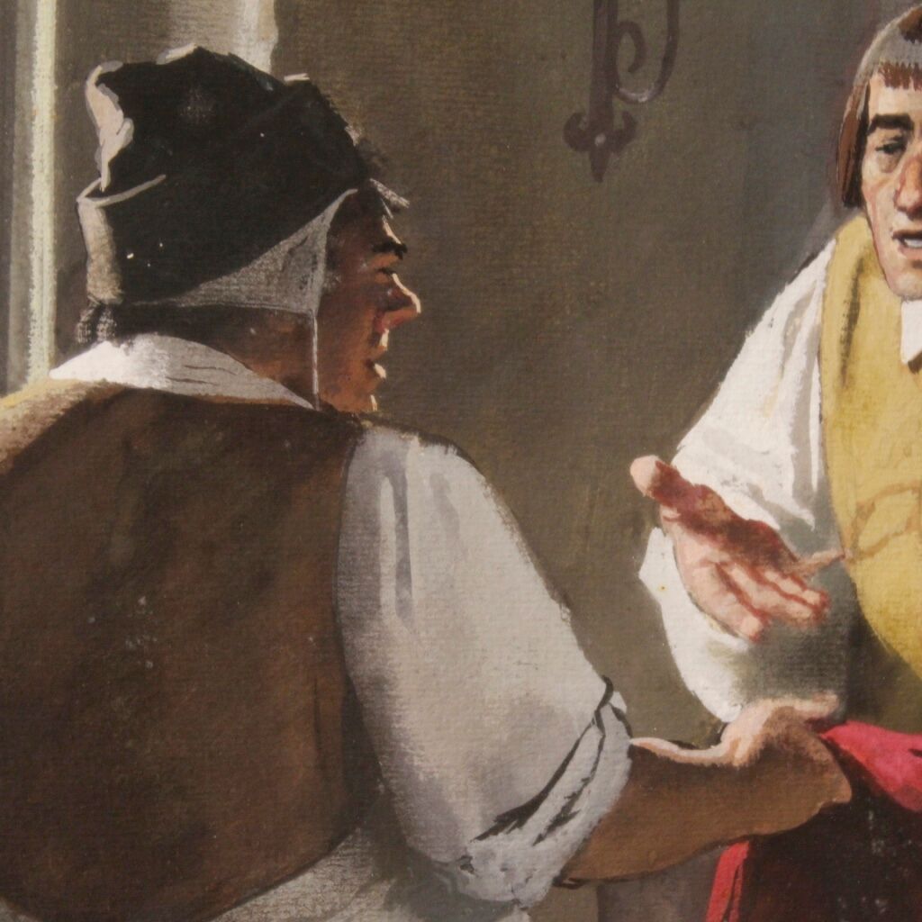 Italian painting interior scene with characters from XXth century