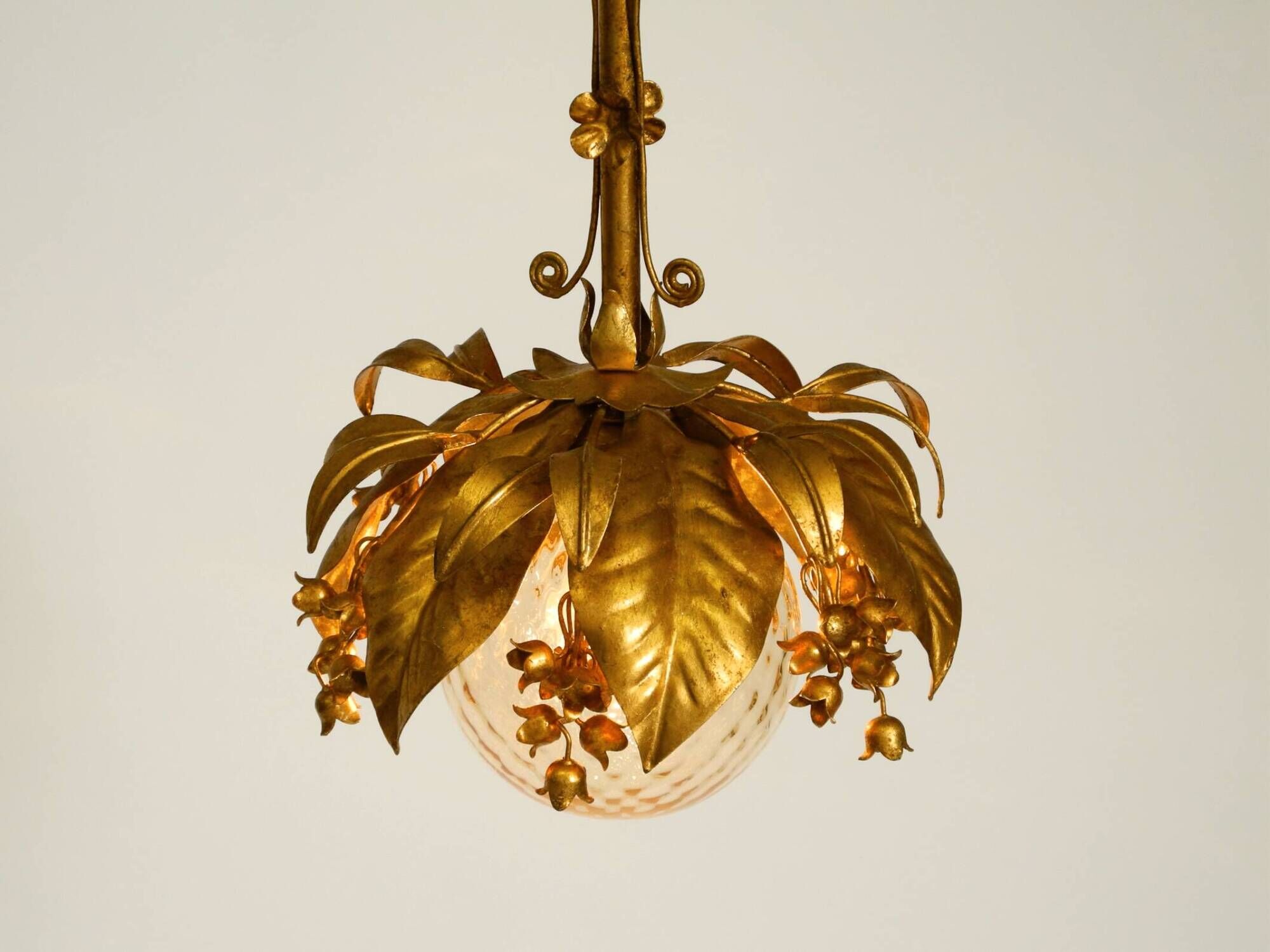 1970s gold-plated metal pendant lamp with a glass sphere by Hans Kögl