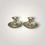 Pair of cloisonné brass cellar rat candlesticks – 1960s