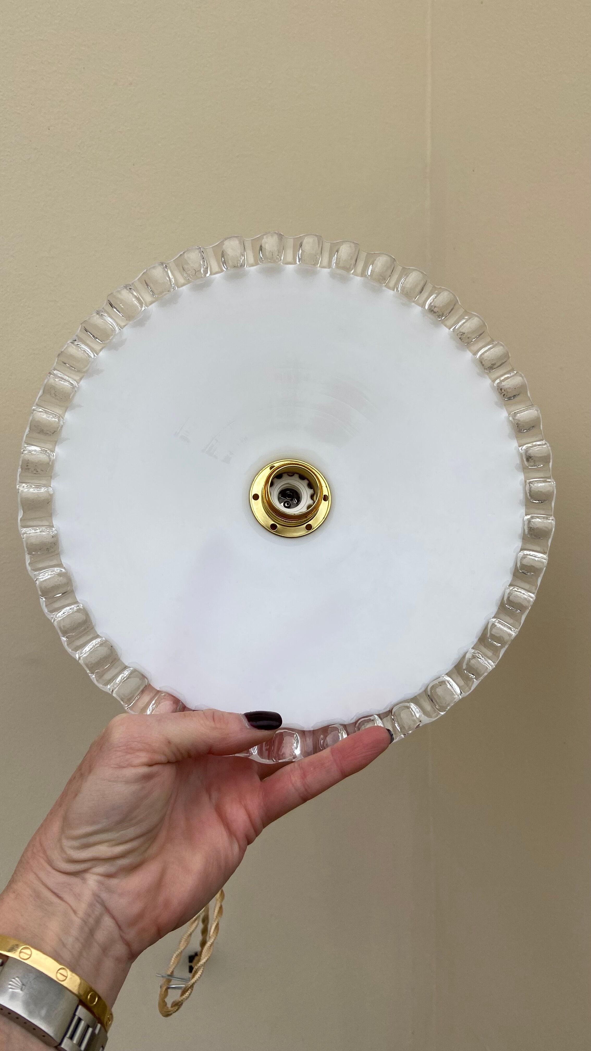 Vintage pendant lamp in serrated white opaline