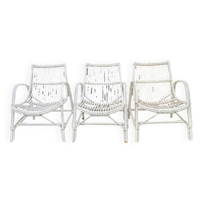 Série de 3 fauteuils rotin années 1970