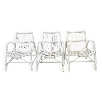 Série de 3 fauteuils rotin années 1970