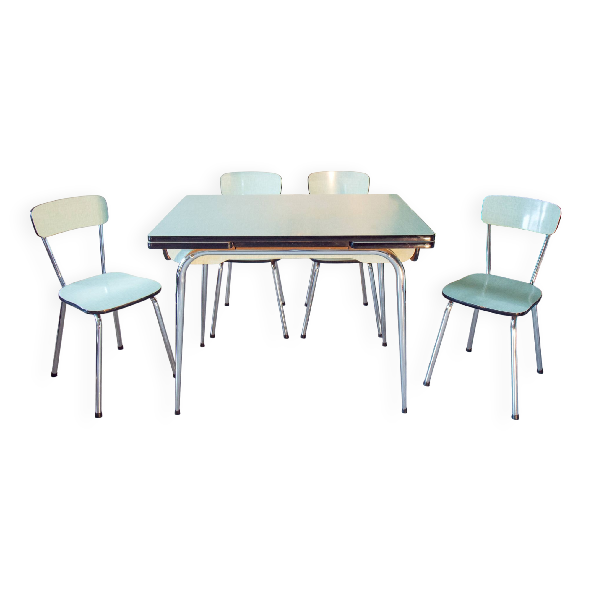 Ensemble table et chaises en formica vert d’eau 1960
