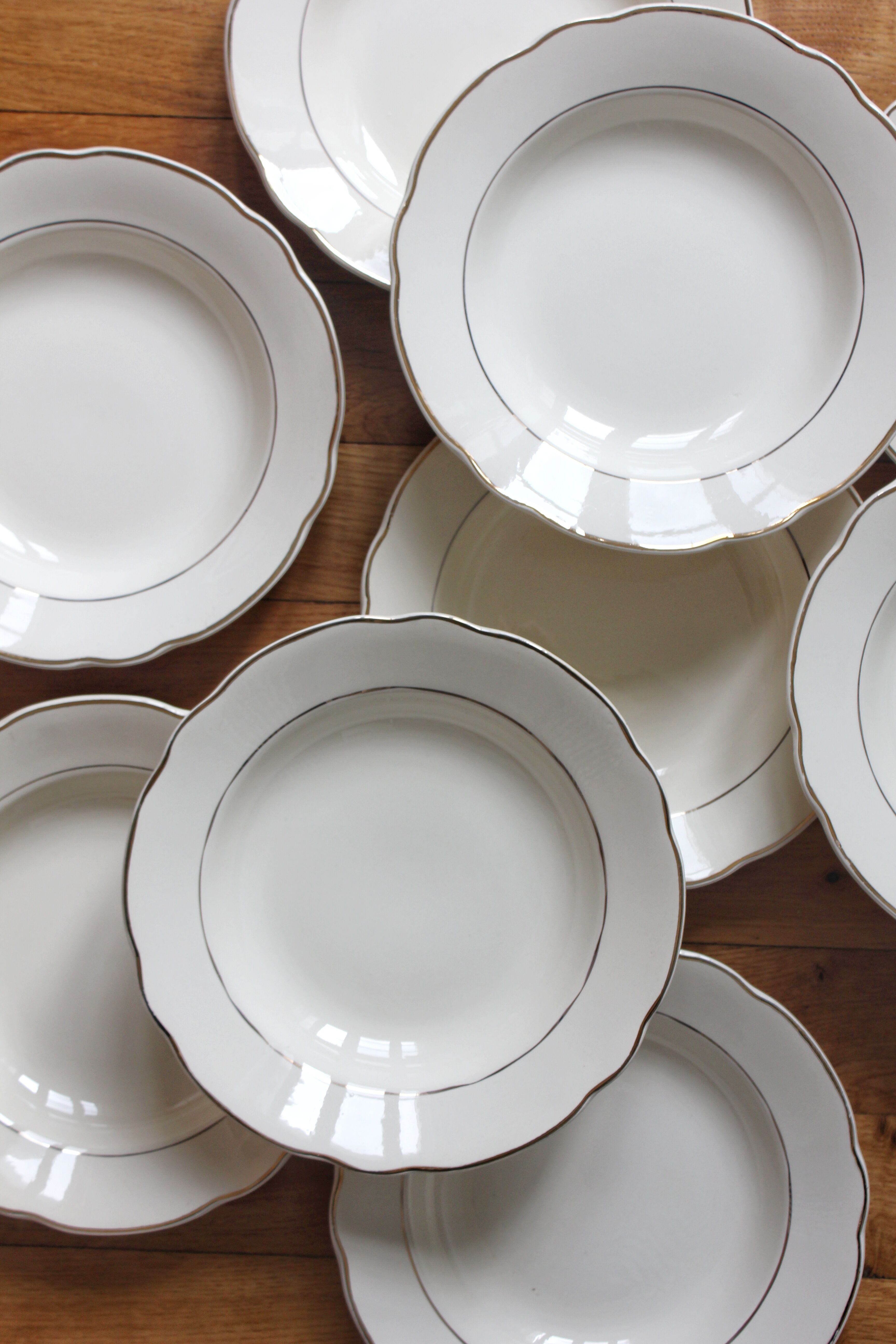 10 vintage ivory earthenware soup plates with gold trim, Digoin Sarreguemines
