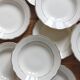 10 vintage ivory earthenware soup plates with gold trim, Digoin Sarreguemines