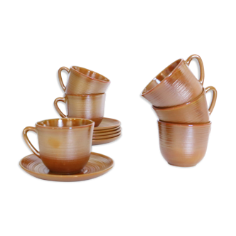 Set of 6 cups and under cups, Arcopal Volcano, vintage French