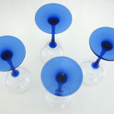 4 glasses of Alsace white wine - cobalt blue stem - Luminarc France - vintage 70s