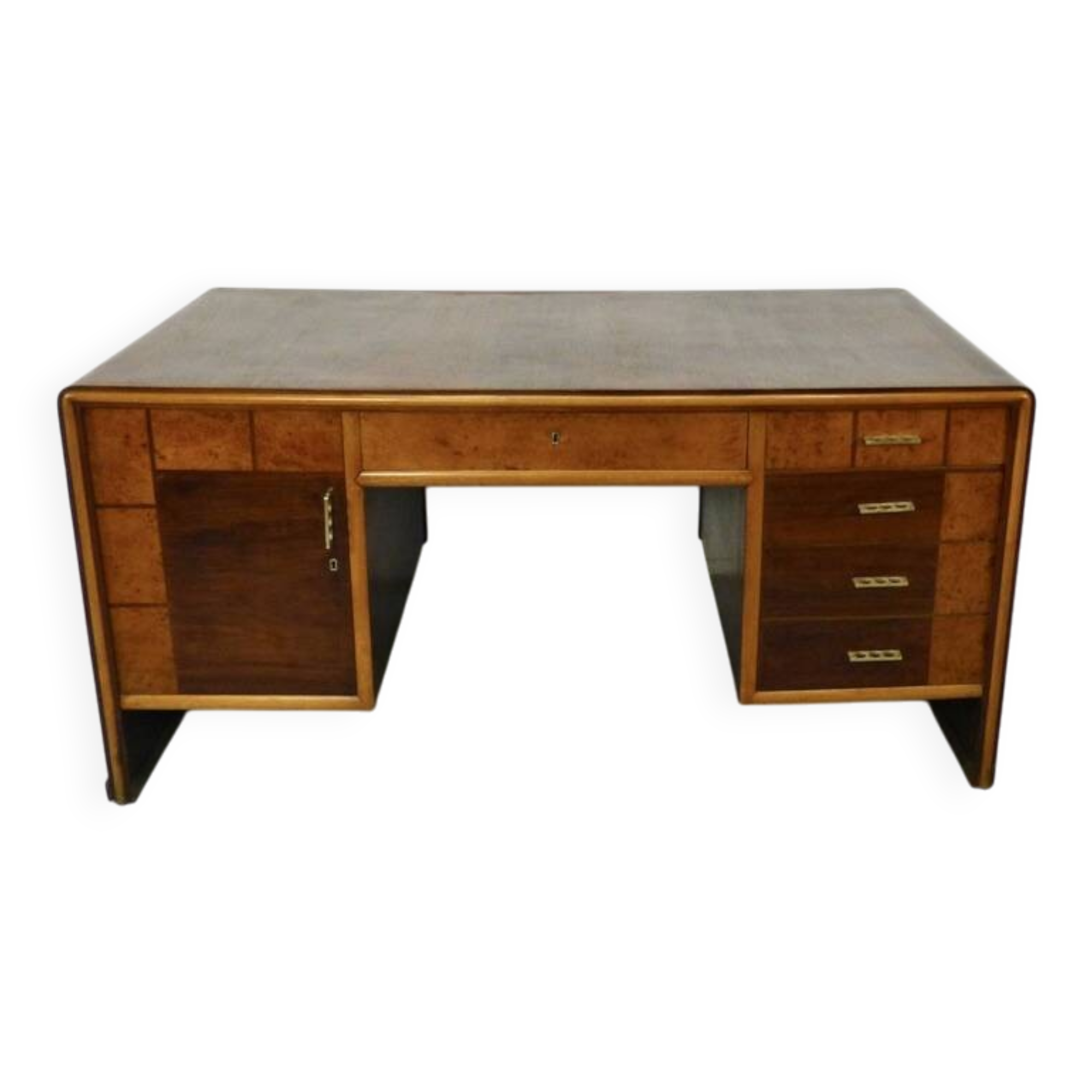 Italian Art Deco Desk In Dark Walnut And Brass.