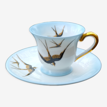 Cup and its saucer in Limoges porcelain motif "swallows"