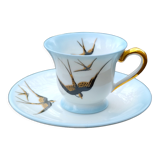 Cup and its saucer in Limoges porcelain motif "swallows"