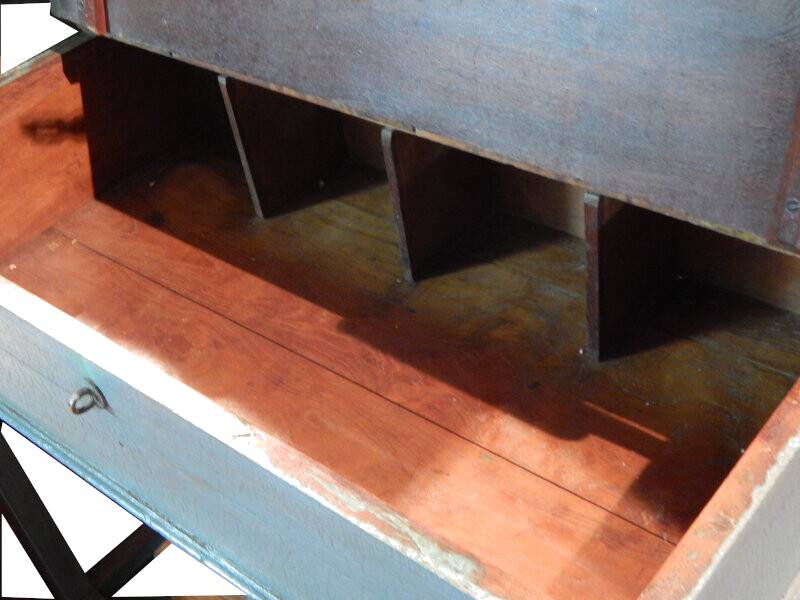 Console table desk blue desk with teak wood storage