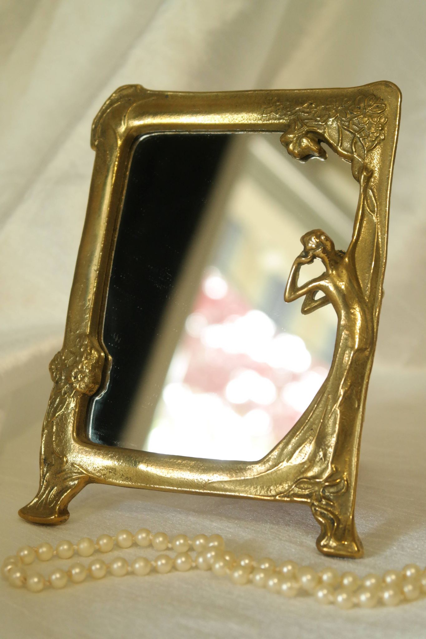 Art Nouveau brass bridge mirror 17 x 13