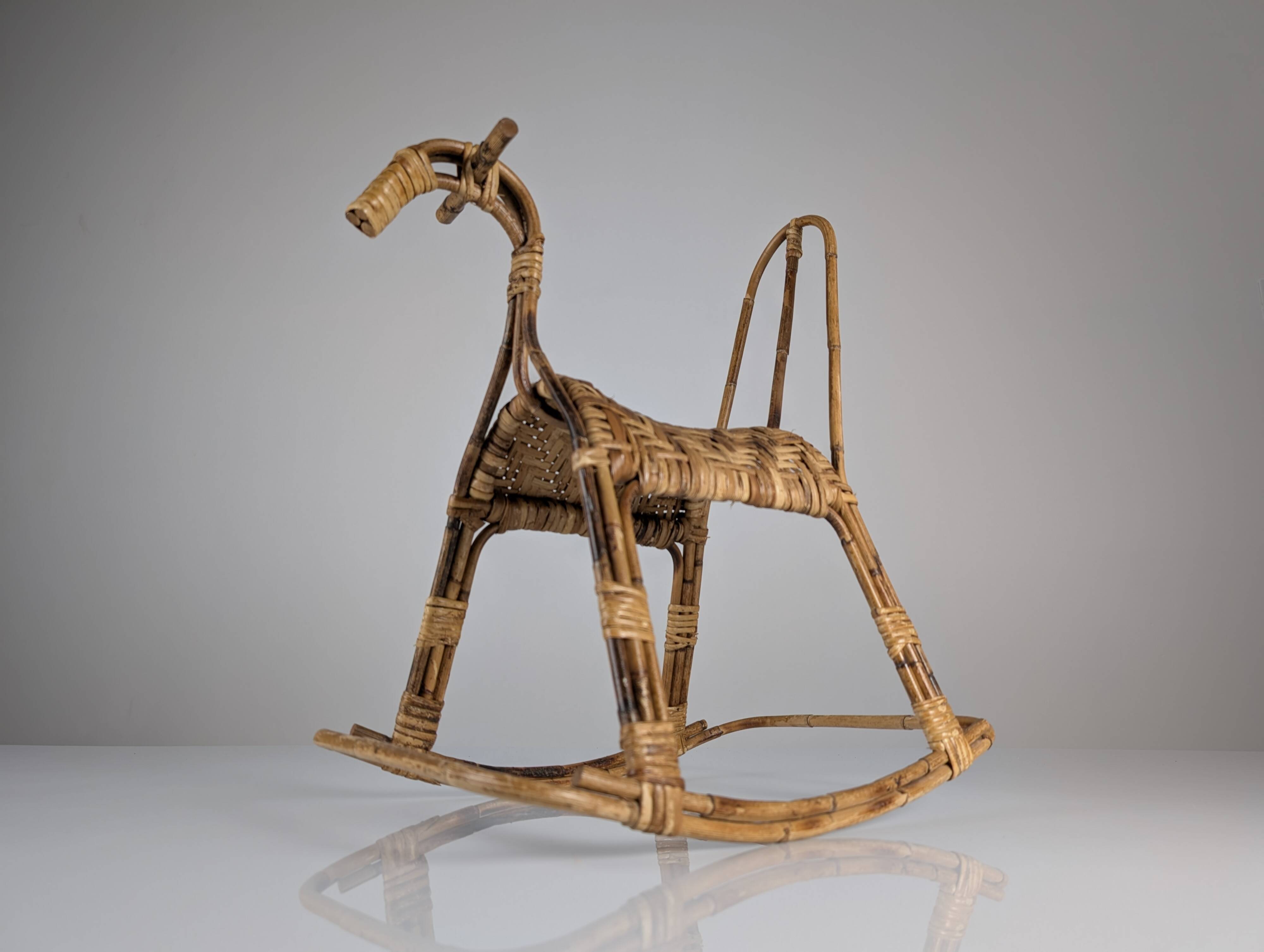 Children's rocking horse made of bamboo and rattan 1960s