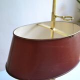 hot water bottle lamp with 2 bronze lights and burgundy sheet metal lampshade
