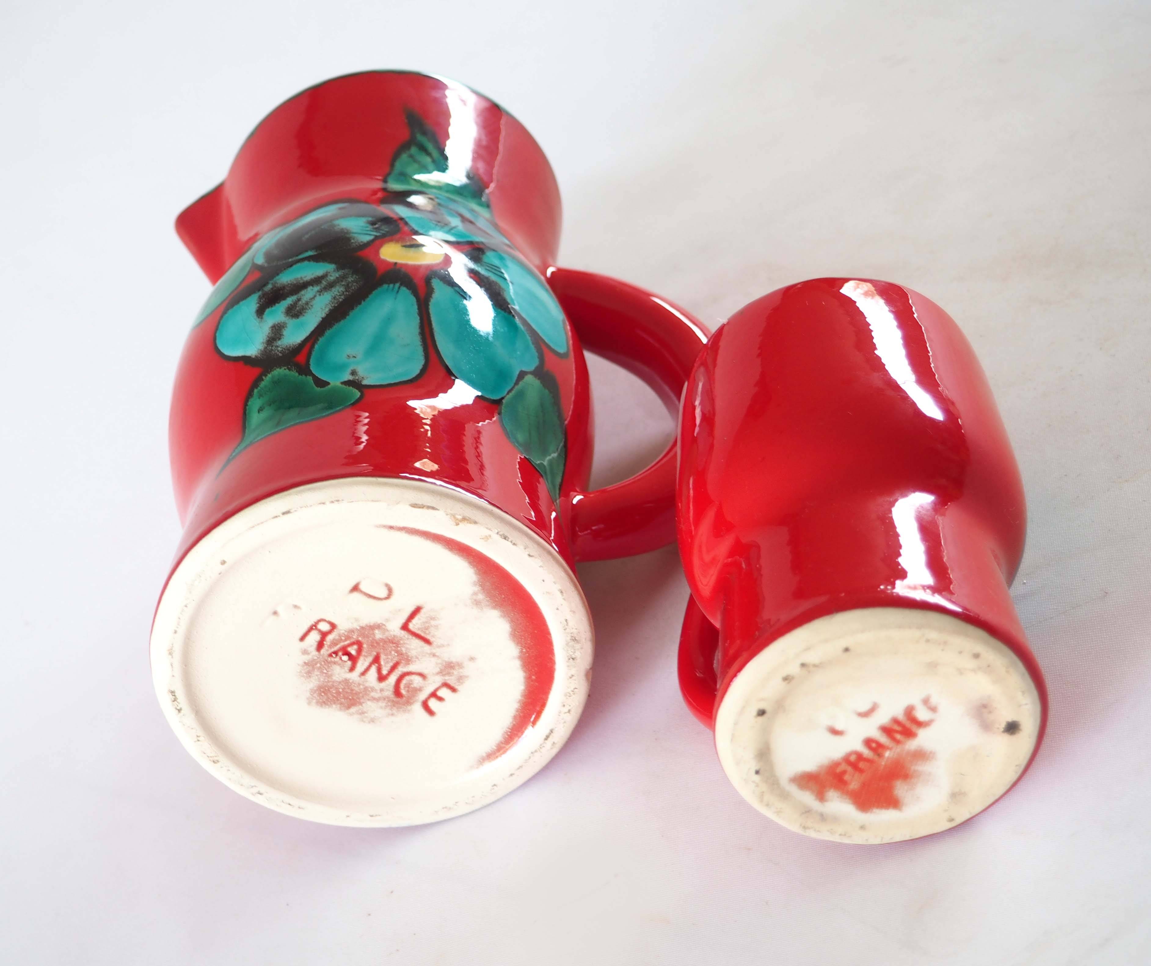 Orangeade or coffee service, pitcher and mugs Poët Laval