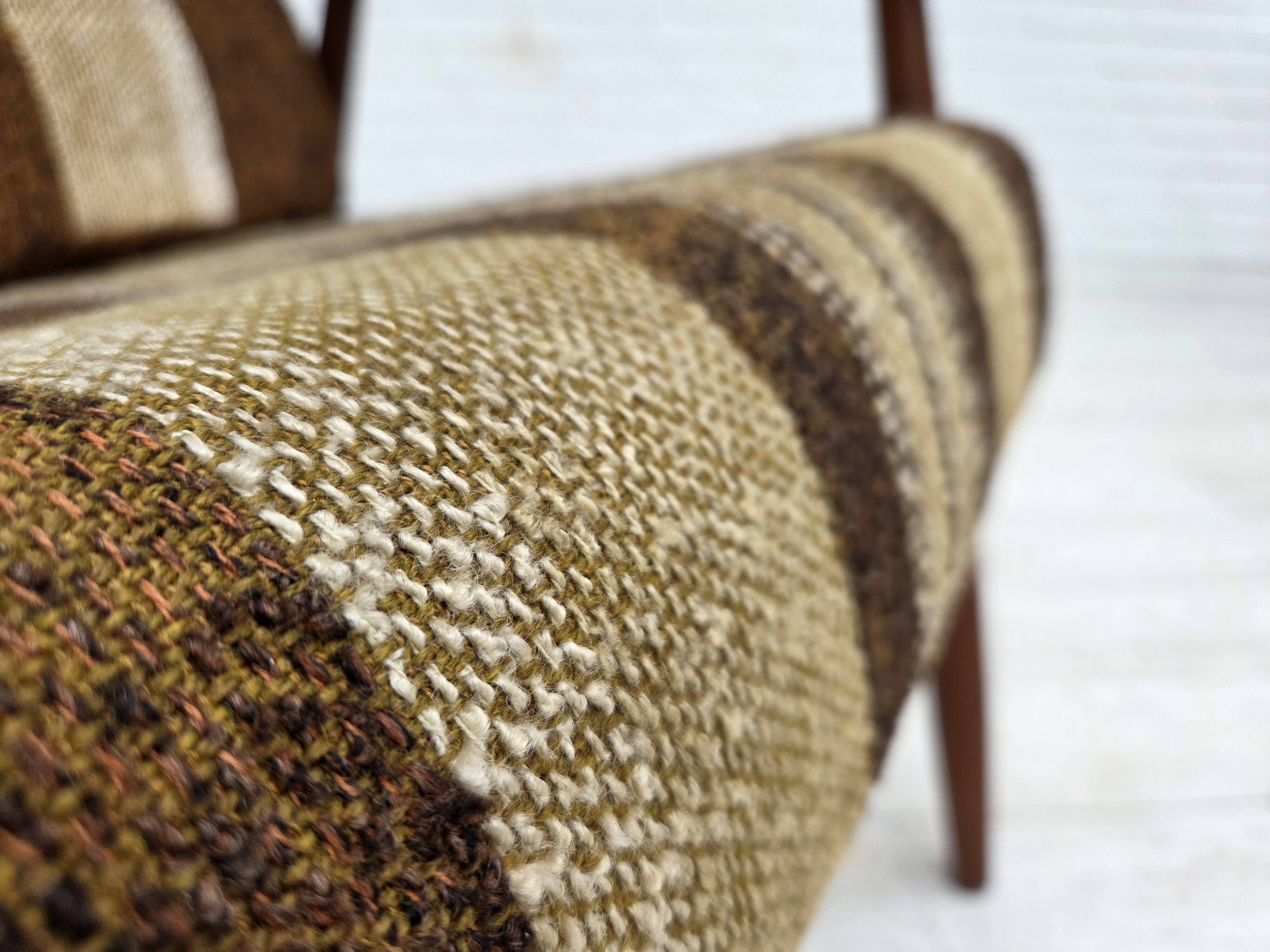 1970s, Danish armchair, teak wood, furniture wool fabric.