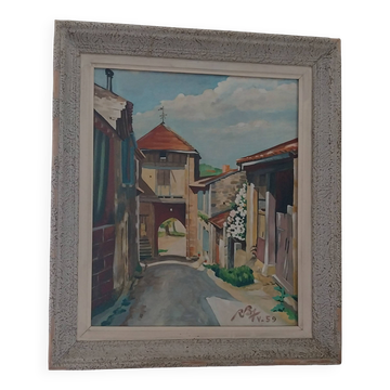Oil on panel from the 1950s, picturesque alley.