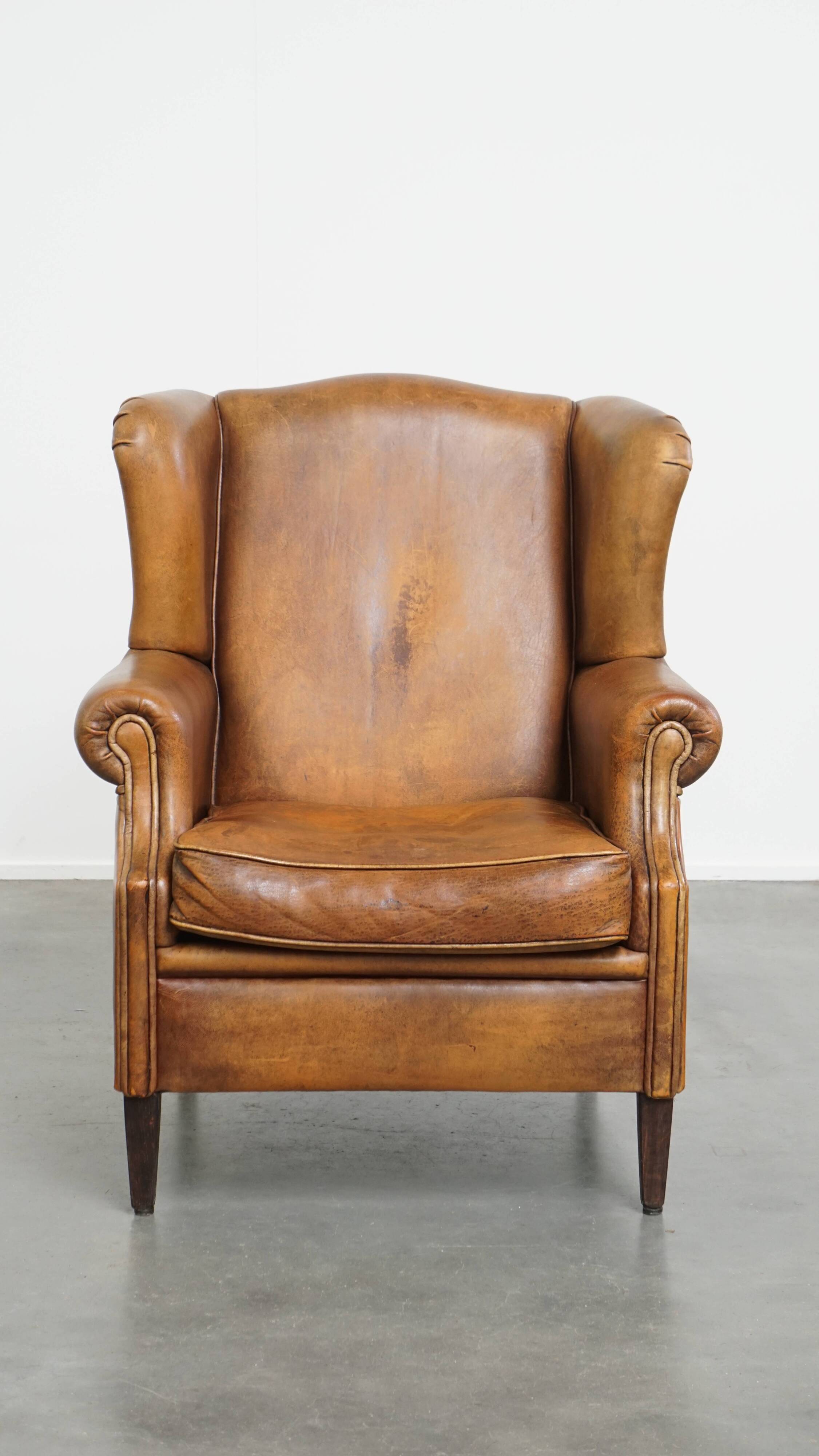 Vintage Sheepskin Leather Wingback Chair