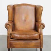 Fauteuil à oreilles vintage en cuir de mouton