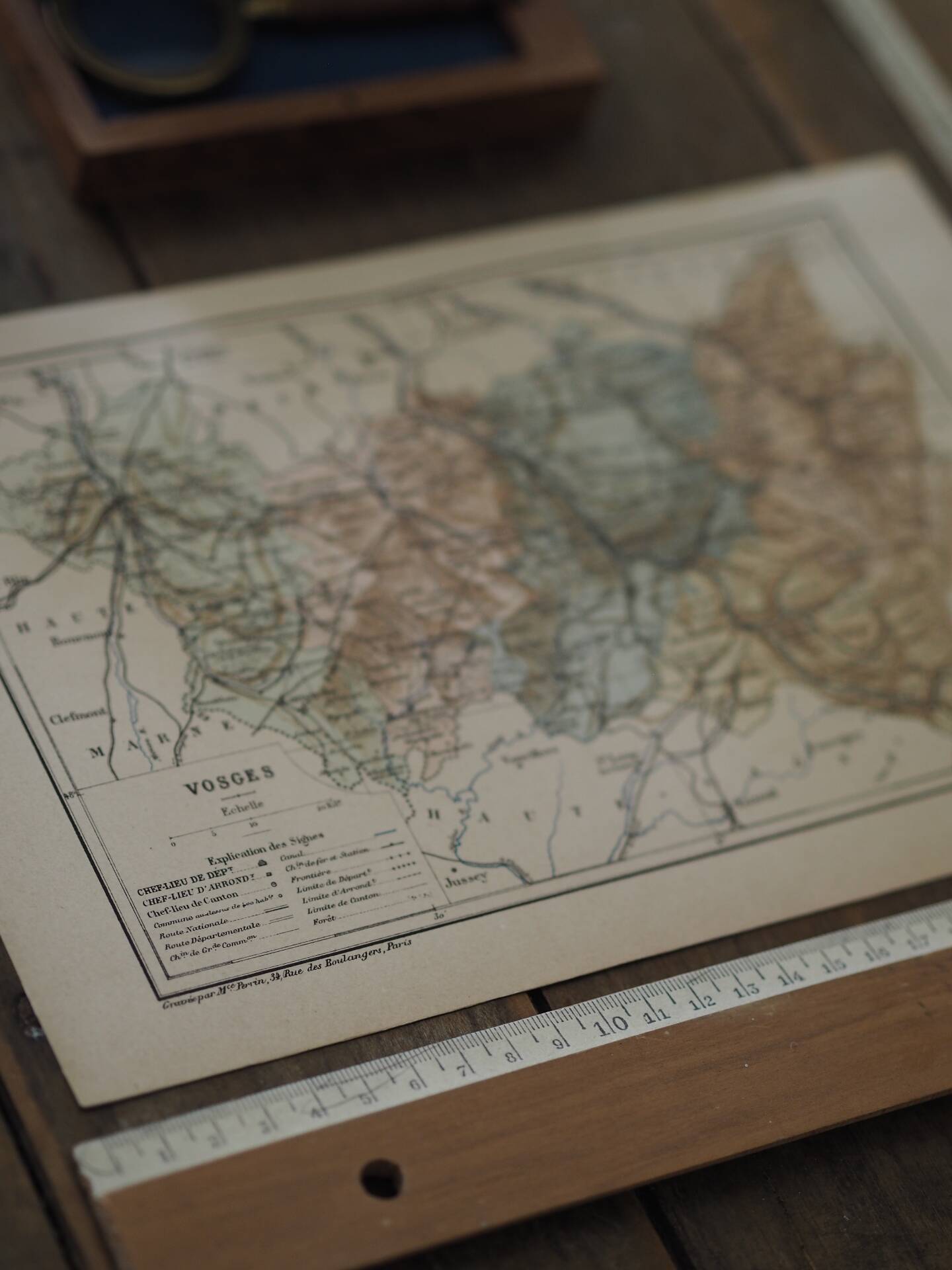 Map of the Vosges, France. Printed antiquity in 1889.
