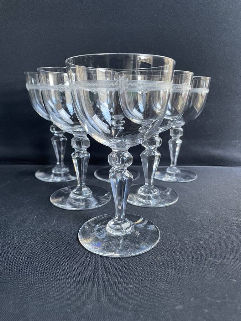 6 water glasses in light blown, cut and guilloché crystal