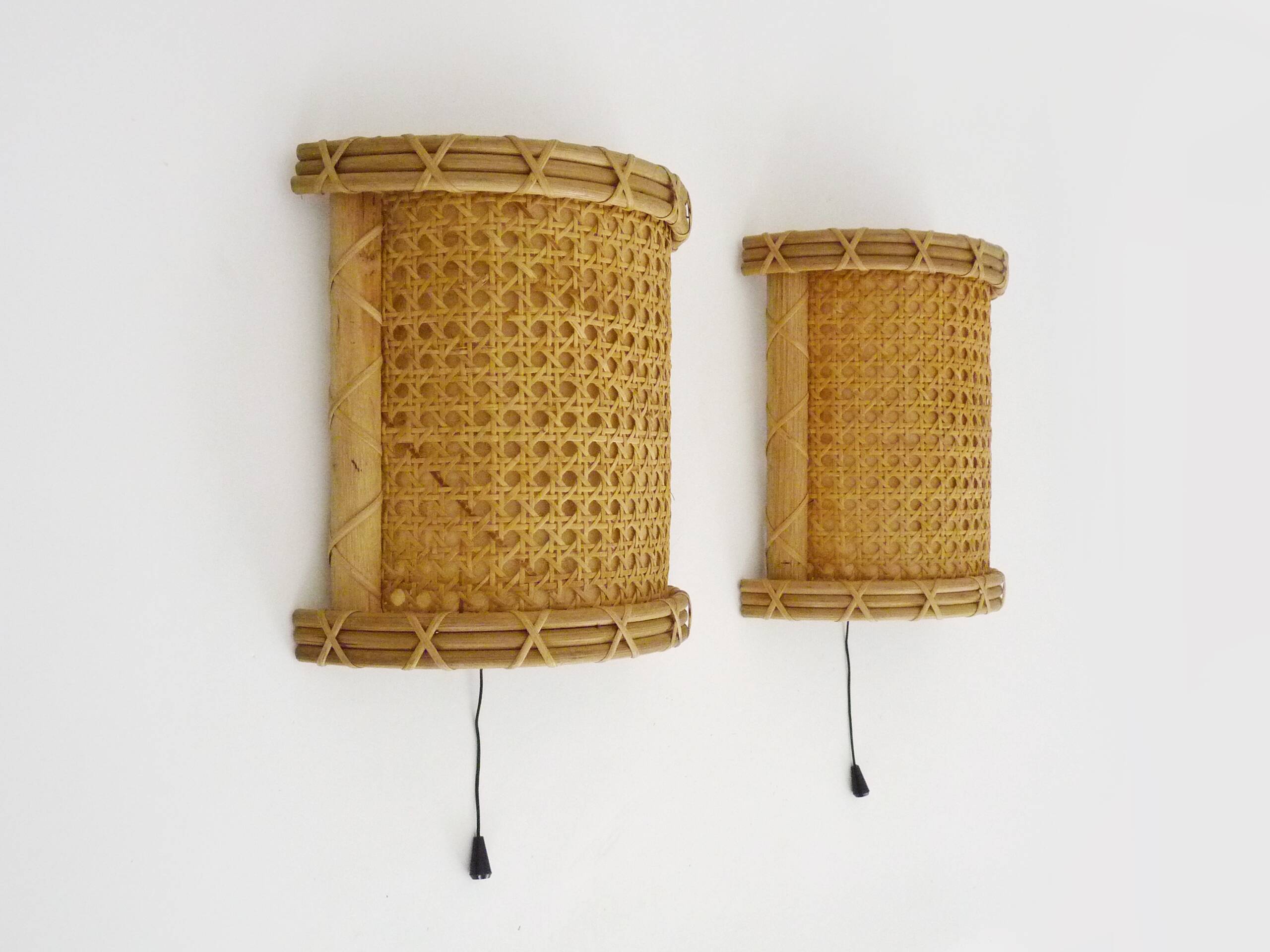 Pair of Vintage Rattan Cane Wall Sconces with Pull Chain
