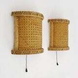 Pair of Vintage Rattan Cane Wall Sconces with Pull Chain