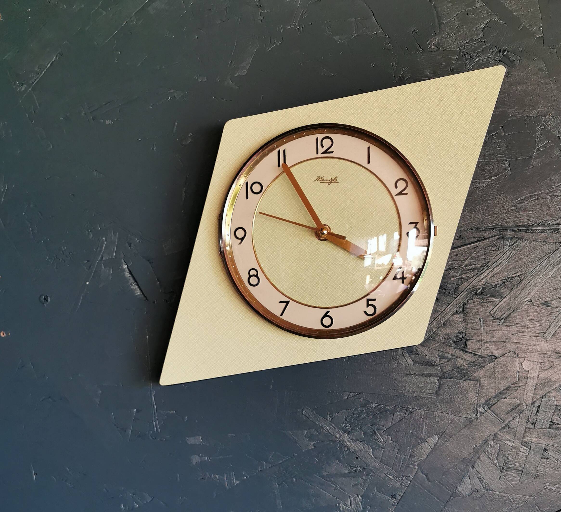 Vintage formica clock silent asymmetrical wall pendulum "Kienzle green"