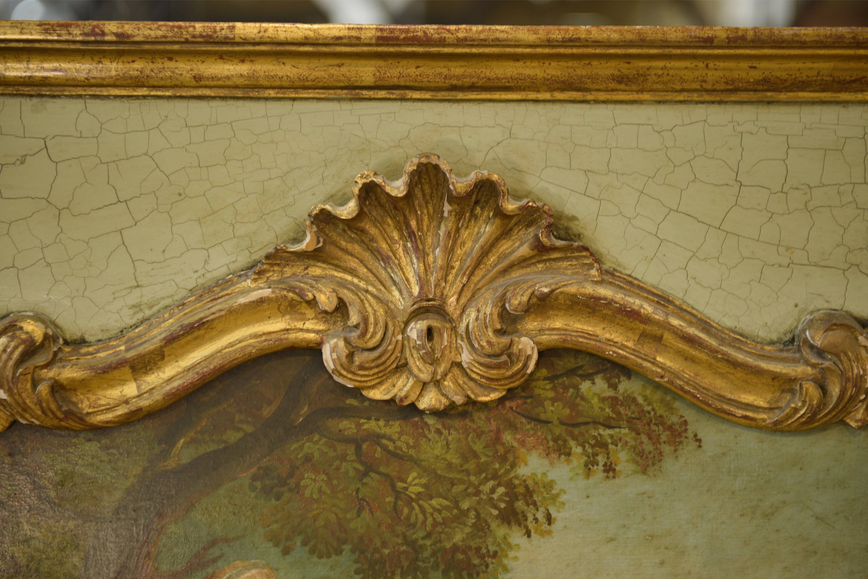 Trumeau mirror with cracked patina and oil on panel depicting a romantic scene from the 19th century.