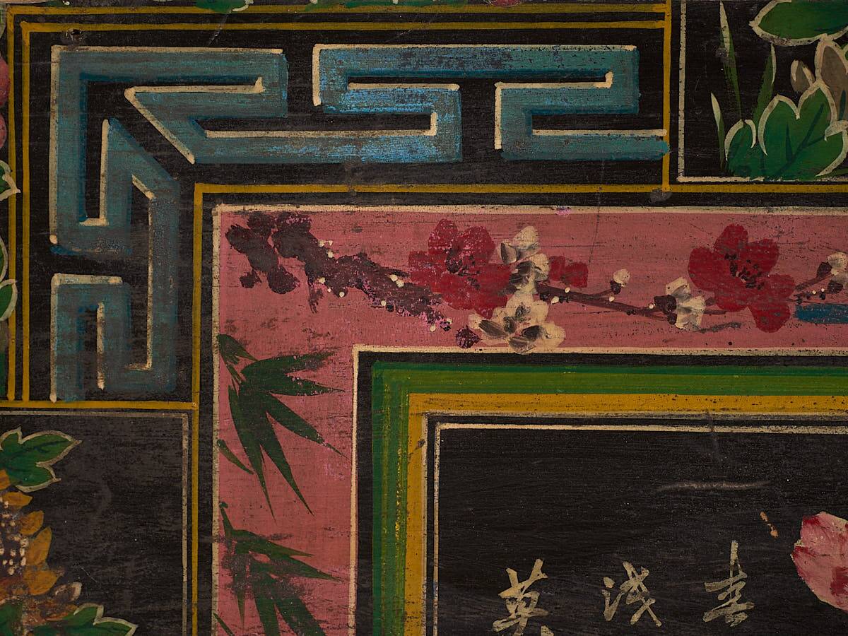 Antique oriental trunk with lotus flower paintings (c.1900)