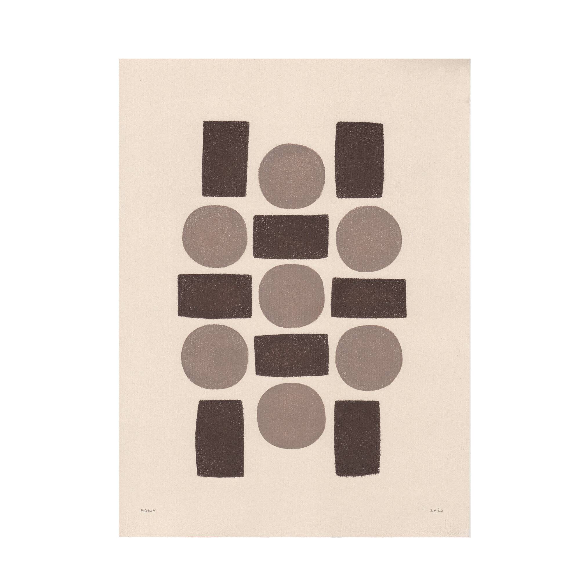 Duo of abstract paintings with geometric brown illustration signed Eawy.