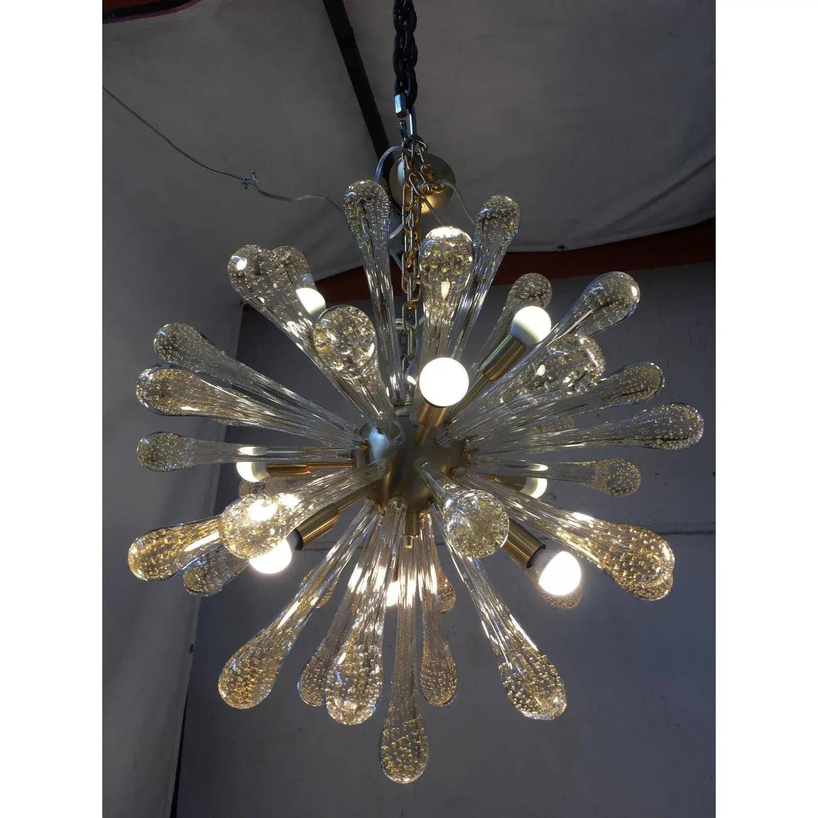 Sputnik Chandelier in Murano Glass with Gold Air Drops and Metal Frame
